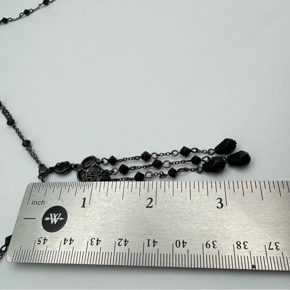 Gothic Style Black Crystal Beaded Y Necklace with Multi-Drop Tassel